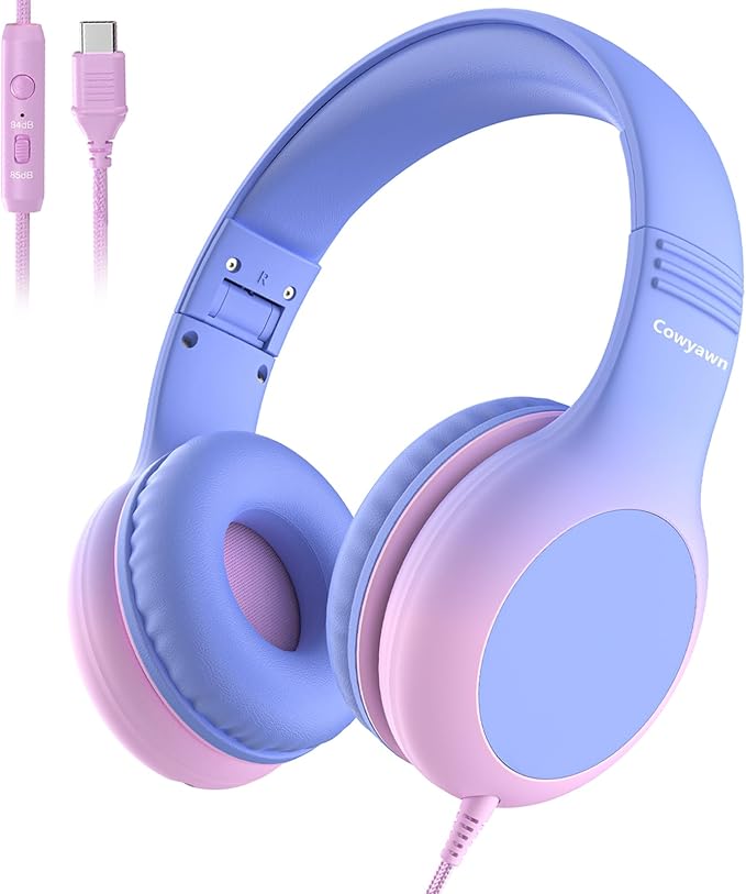 USB Type C Kids Headphones, Wired Headphones for Kids with Microphone, 85/94dB Volume Limit, Stereo Sound, Foldable Over-Ear USB-C Headphones for School/Travel/Tablet/iPad, Purple