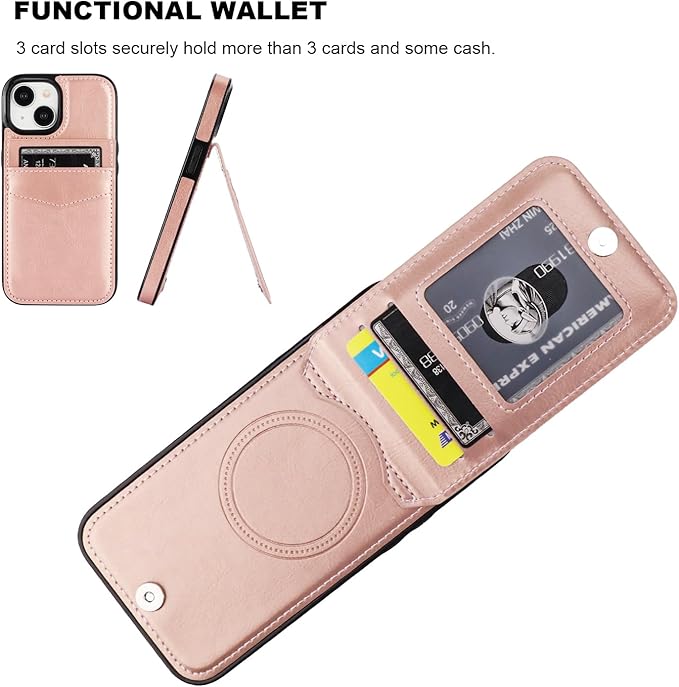 KIHUWEY for iPhone 15 Case Wallet Compatible with MagSafe Wireless Charging, Credit Card Holder, RFID Flip Leather Magnetic Clasp Kickstand Heavy Duty Protective Cover 6.1 Inch (Rose Gold)