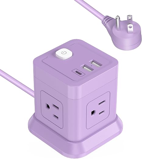 FDTEK Cube Power Strip USB C, 4 Outlets 3 USB 10 FT Extension Cord Purple