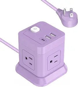 FDTEK Cube Power Strip USB C, 4 Outlets 3 USB 10 FT Extension Cord Purple