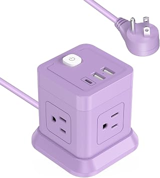 FDTEK Cube Power Strip USB C, 4 Outlets 3 USB 10 FT Extension Cord Purple