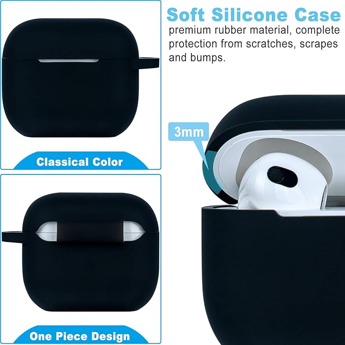 Silicone Compatible with AirPods 3rd Generation Case 2021, Gawnock Soft Case Compatible with AirPods Gen3 Cover for Women Girls with Keychain - Black