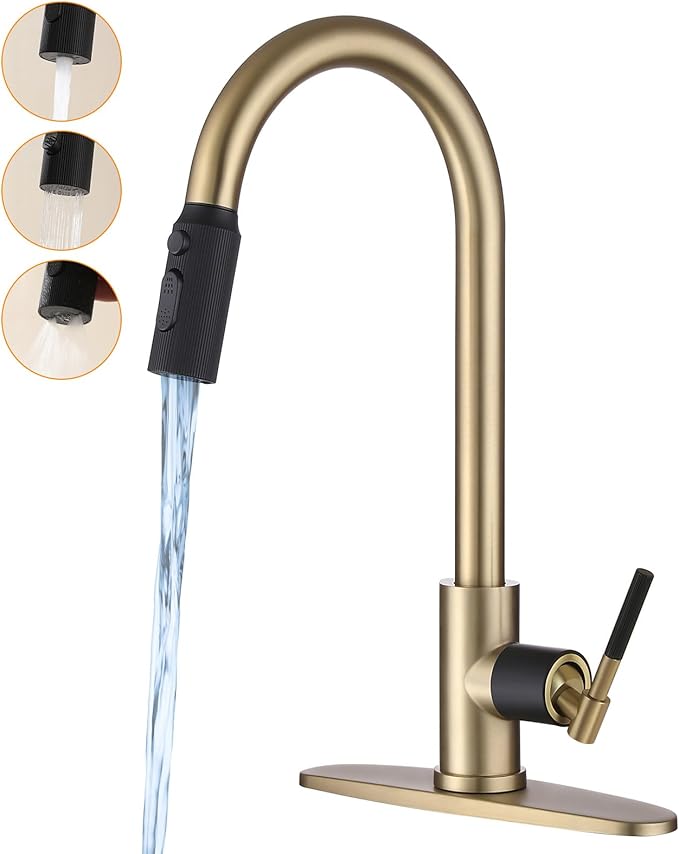 Gold Kitchen Faucet -High Arc Single Handle Stainless Steel Kitchen Sink Faucet with Pull Down Sprayer- 3 Spray Modes，1.5GPM High Flow Modren Sink Faucets for Rv Farmhouse Bar