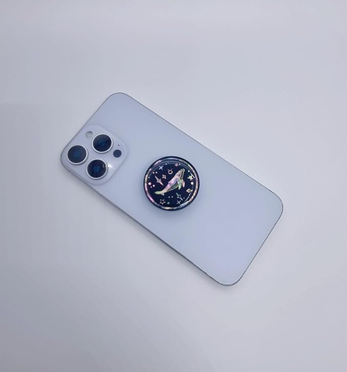Korean Najeonchilgi Shell-Inlay Phone Grip Stand, Slim Round Phone Holder & Kickstand, Adhesive or Magnetic Back, Metal Ring Included - (Whale in Stars)