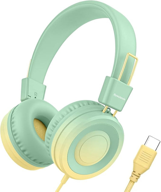 USB Type C Kids Headphone for School, 94dB Safe Volume Limited, Foldable Stereo Sound Tangle-Free Type C Cord, On-Ear Headphones for Boys/Girls/Students/Tablet/Travel(Gradient Green)