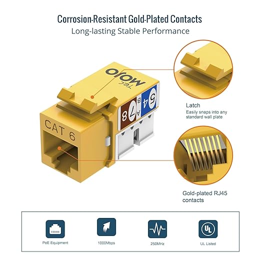Tecmojo UL Listed 1000 Mbps Cat6 Keystone Jack Insert 25 -Pack, 90 Degree Punch Down RJ45 Keystone Jack Adapter Slim Profile for Patch Panel & Wall Plate, Yellow