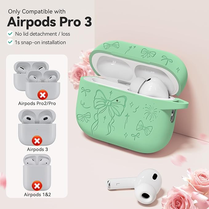 for Airpods Pro 3 Case Cover, Joremx Cute Bow Engraved Silicone Protective Case Cover with Keychain, Cleaner Kit for Airpods Pro 3rd Generation (2025) (Mint Green)