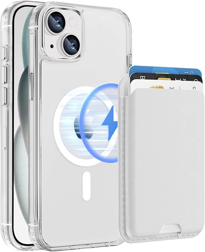 Magnetic for iPhone 15 Clear Case with White Detachable Wallet, Compatible with MagSafe, Credit Card Holder with Slim Shockproof Protective Phone Cover