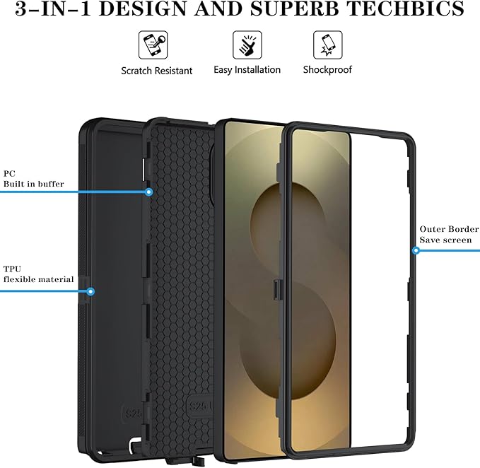 ONOLA Phone Case for Samsung Galaxy S25 Ultra Case with HD Screen Protector, Heavy Duty Shockproof & Dropproof 3-Layer Cover Phone Case for Galaxy S25 Ultra 6.9''，Black