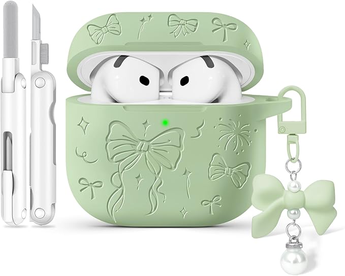 for Airpods 4 Case Cover, Joremx Cute Bow Engraved Silicone Protective Case Cover with Keychain, Cleaner Kit for AirPods 4th Generation Case 2024 (Cream Green)