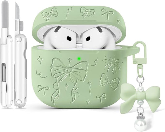 for Airpods 4 Case Cover, Joremx Cute Bow Engraved Silicone Protective Case Cover with Keychain, Cleaner Kit for AirPods 4th Generation Case 2024 (Cream Green)