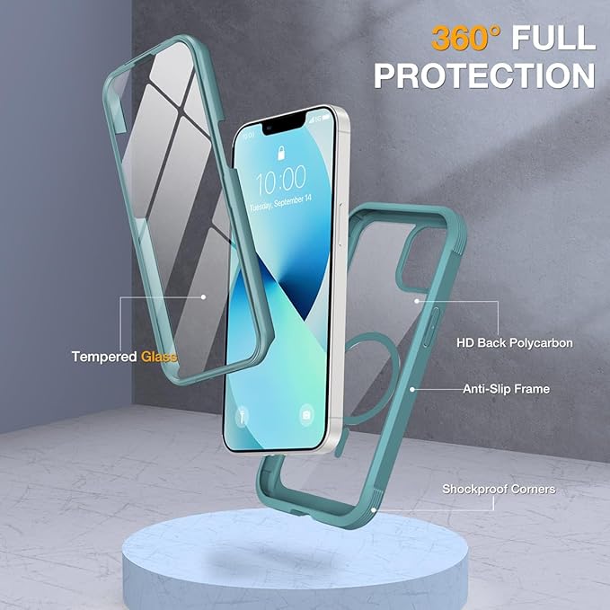 Miracase Compatible with iPhone 13 case 6.1 inch, 2021 Upgrade Full-Body Glass Clear Case Bumper Case with Built-in 9H Tempered Glass Screen Protector for iPhone 13,Teal