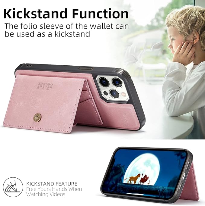 Magnetic Wallet with 5 Card Holders Compatible with MagSafe for iPhone 17/16/15/14 Pro Max/14 Pro/14 Plus/13/12 Series with RFID Protected,Vegan Leather,Pink