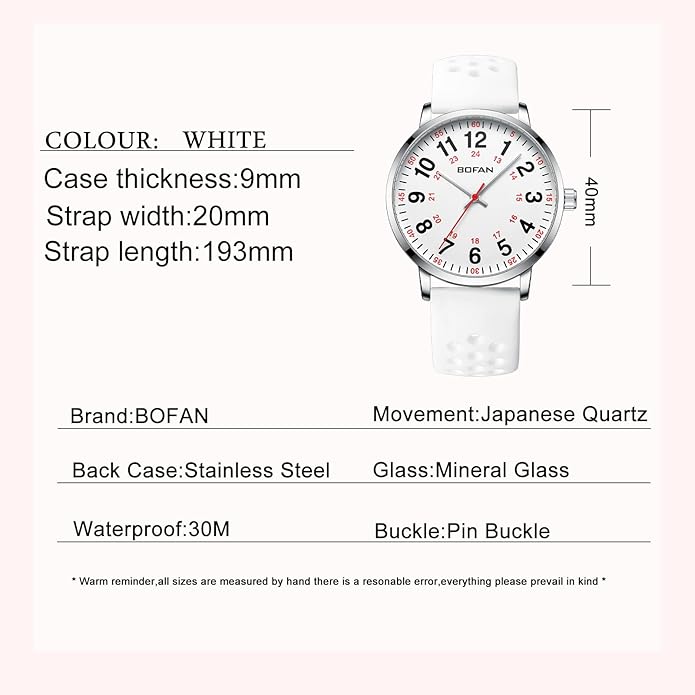 BOFAN Nurse Watch for Medical Professionals,Students,Doctors with Easy to Read Dial,Second Hand and 24 Hour,Soft and Breathable Silicone Band,Water Resistant
