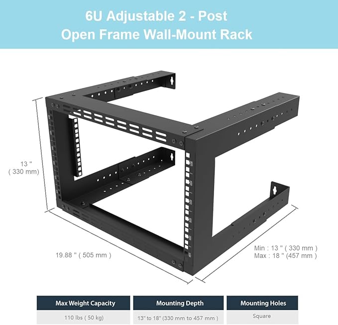 JINGCHENGMEI 6U Wall Mount Rack- 19 Inch Vented Server Rack Open Frame Bracket for AV, IT, Networking Equipments 13"-18" Adjustable Depth Black (6UVented)