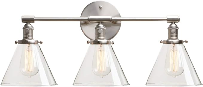 Permo Vintage Industrial Antique Three-Light Wall Sconces with Funnel Flared Clear Glass Shade (Brushed)