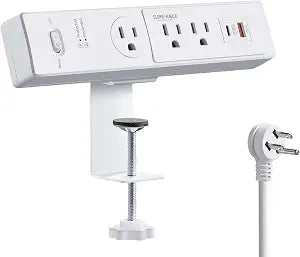 50W Desk Clamp Power Strip with USB-C 30W PD, SUREANCE Desktop Mount Surge Protector, Fits Max 2.5" Table Edge, 980J Surge Protector, 20W USB A, 6FT Extension Cord, Fast Charging Station (White)