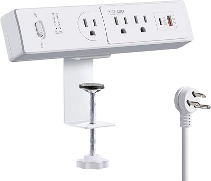 50W Desk Clamp Power Strip with USB-C 30W PD, SUREANCE Desktop Mount Surge Protector, Fits Max 2.5" Table Edge, 980J Surge Protector, 20W USB A, 6FT Extension Cord, Fast Charging Station (White)