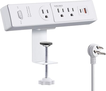 50W Desk Clamp Power Strip with USB-C 30W PD, SUREANCE Desktop Mount Surge Protector, Fits Max 2.5" Table Edge, 980J Surge Protector, 20W USB A, 6FT Extension Cord, Fast Charging Station (White)