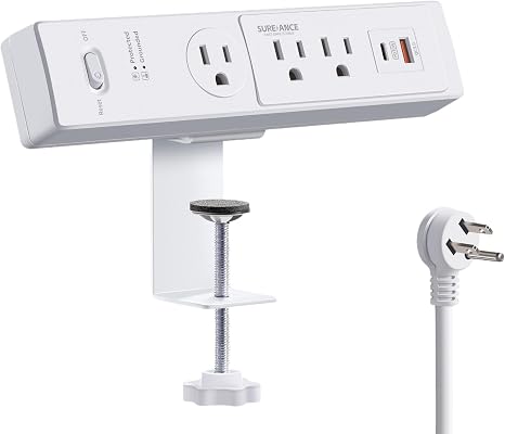 50W Desk Clamp Power Strip with USB-C 30W PD, SUREANCE Desktop Mount Surge Protector, Fits Max 2.5" Table Edge, 980J Surge Protector, 20W USB A, 6FT Extension Cord, Fast Charging Station (White)
