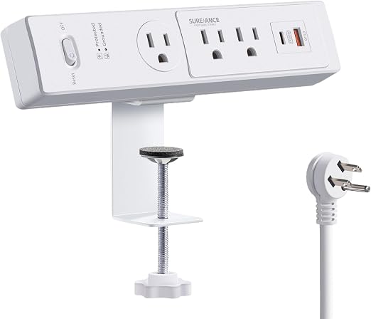 50W Desk Clamp Power Strip with USB-C 30W PD, SUREANCE Desktop Mount Surge Protector, Fits Max 2.5" Table Edge, 980J Surge Protector, 20W USB A, 6FT Extension Cord, Fast Charging Station (White)