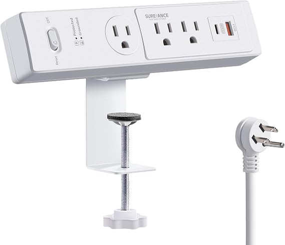 50W Desk Clamp Power Strip with USB-C 30W PD, SUREANCE Desktop Mount Surge Protector, Fits Max 2.5" Table Edge, 980J Surge Protector, 20W USB A, 6FT Extension Cord, Fast Charging Station (White)