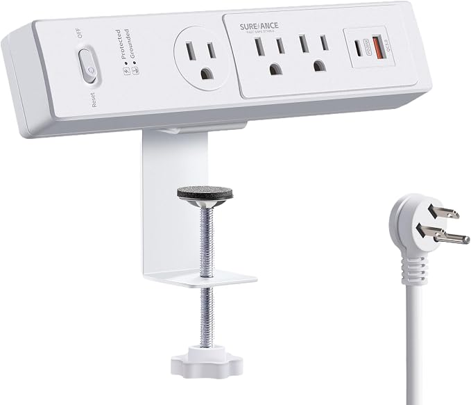 50W Desk Clamp Power Strip with USB-C 30W PD, SUREANCE Desktop Mount Surge Protector, Fits Max 2.5" Table Edge, 980J Surge Protector, 20W USB A, 6FT Extension Cord, Fast Charging Station (White)