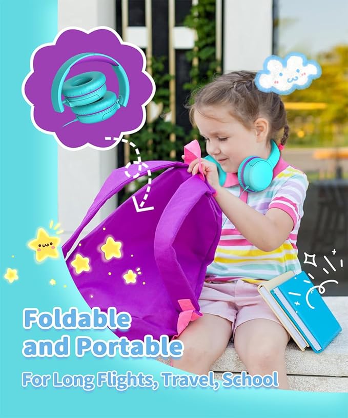 Wired Kids Headphones with Mic, Foldable, Volume Control Safe Listening(85/94dB), 3.5mm Jack on-Ear Headset for Chilren/Teens/Boys/Girls/School/Travel/Plane/Tablet/Ipad/Laptop, GreenPurple