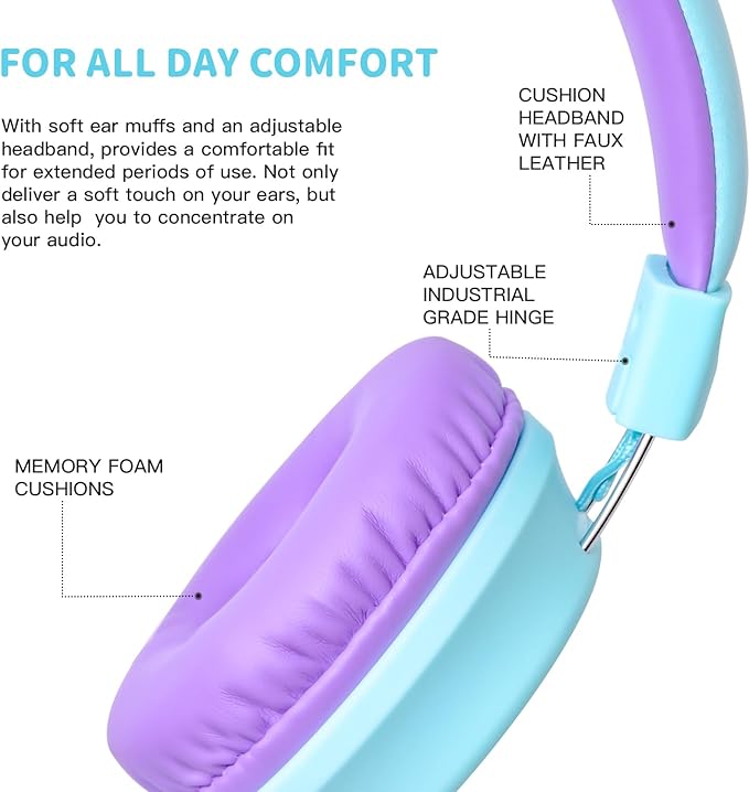 Olyre Kids Headphones, Toddler Headphones with Cord for School Plane Travel, Lightweight Stereo Wired Children Earphones with HD Microphone for Boys Girls for PC Cellphone Tablet(Icy Mint Blue/Purple)