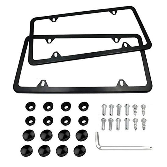 License Plate Frames Black, 2 Pcs 4 Holes Car Licenses Plate Covers Stainless Steel Holders Frame for Plates with Screw Caps.