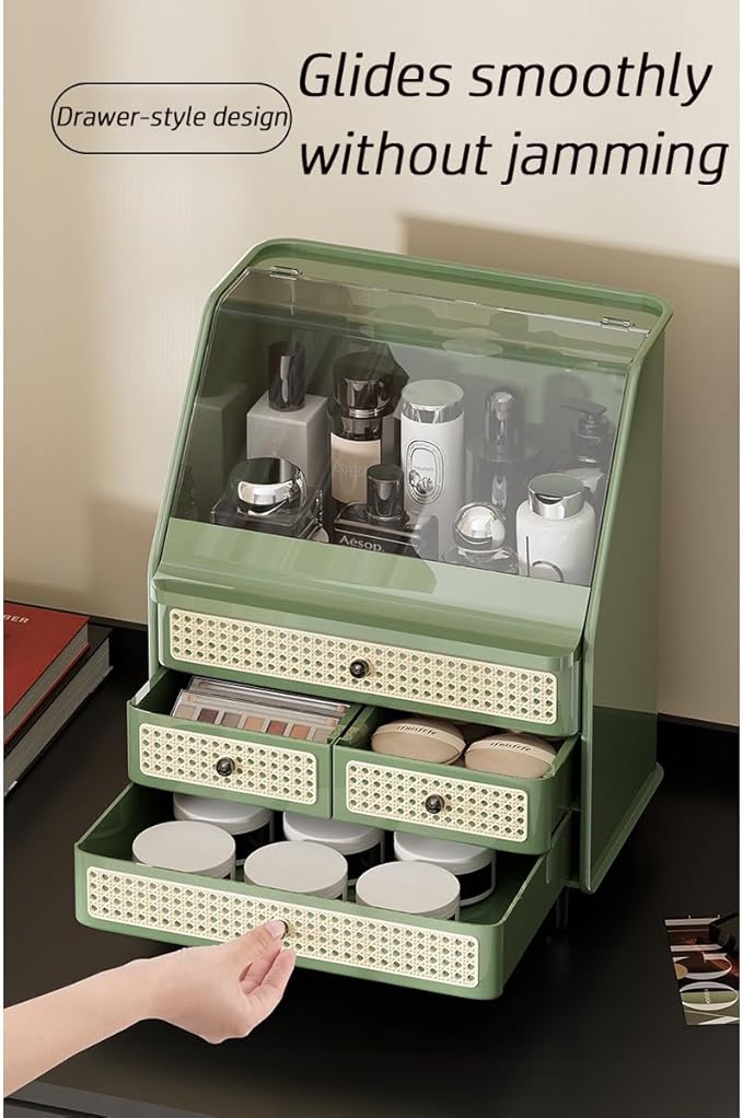 Large Cosmetic Storage Box Dustproof And Waterproof. Display Case with Drawers Countertop Vanity Organizer for Skincare, Lipsticks, Perfume – Bathroom Cosmetic Storage Display Box (Green)