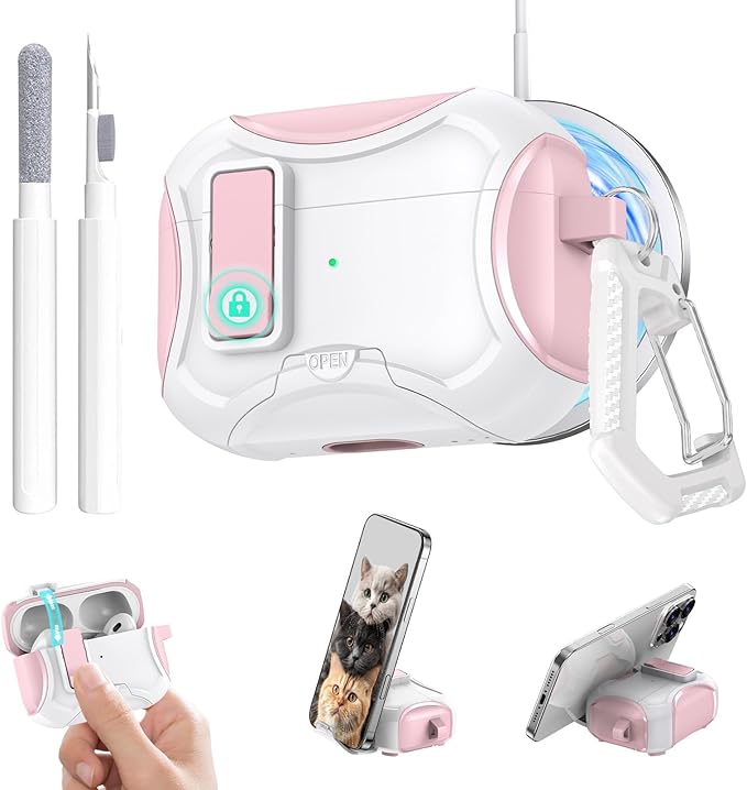for Airpods Pro 3 Case,Safety Lock&Phone Stand for Airpods Pro 3rd Generation Case Cover,Magsafe Compatible,Auto Pop-up,Military-Grade Protection Design with Carabiner&Cleaning Pen-Pink+White
