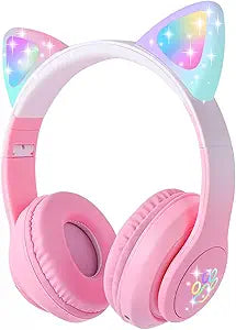 Cat Ear Kids Bluetooth Headphones for Girls Children Teens, LED Light Up Wireless/Wired Mode Foldable Stereo Girls Headphones with Built-in Mic for School Birthday Xmas Gift (Pink)