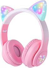 Cat Ear Kids Bluetooth Headphones for Girls Children Teens, LED Light Up Wireless/Wired Mode Foldable Stereo Girls Headphones with Built-in Mic for School Birthday Xmas Gift (Pink) - Image 1