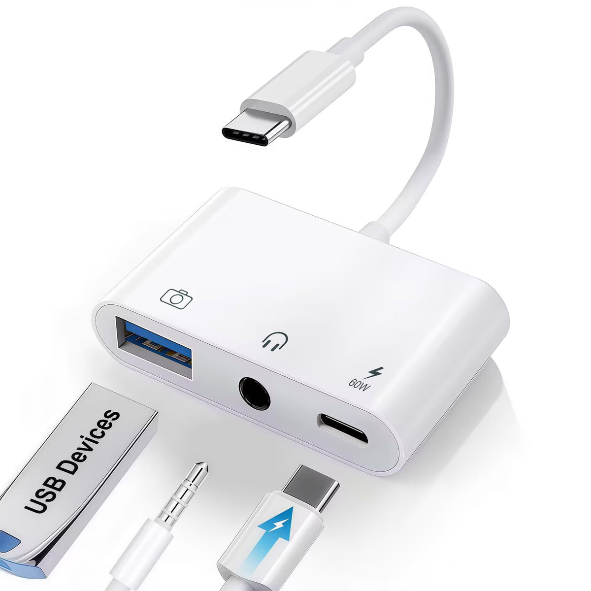 USB C to 3.5mm Audio Adapter with 60W PD Fast Charging Port, 3-in-1 Aux to Type C Multi-Function Adapter, USB C to USB Adapter Compatible with iPhone 17/16/15, iPad Pro, MacBook, Galaxy S26 & More