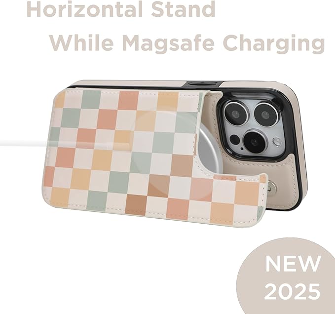 uCOLOR for iPhone 14 Pro 6.1" Wallet Case Magsafe with Card Holder Slot【Compatible with MagSafe】 Folio Flip PU Leather Double Magnetic RFID Design (Pastel Check Vibes)