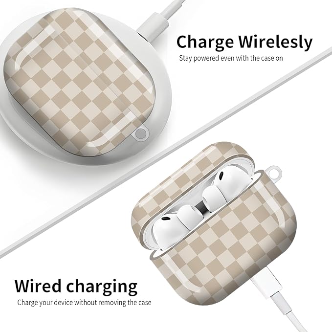 Compatible with AirPod Pro 3 (2025),Cute Case Cover for Women & Men, Full Protection Shockproof Hard Case with Keychain, Wireless Charging Case Accessories(Khaki Checkerboard)