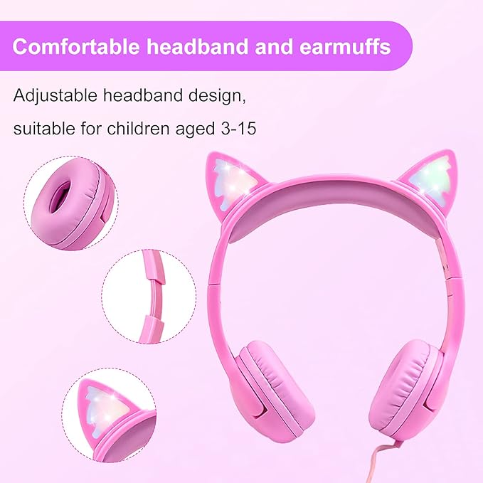 Olyre Girls Headphones with LED Light Up Cat Ears and Sharing Port 85db Volume Limited Kids Headphones,On-Ear LED Children Earphones for School Learning Travel - All Pink