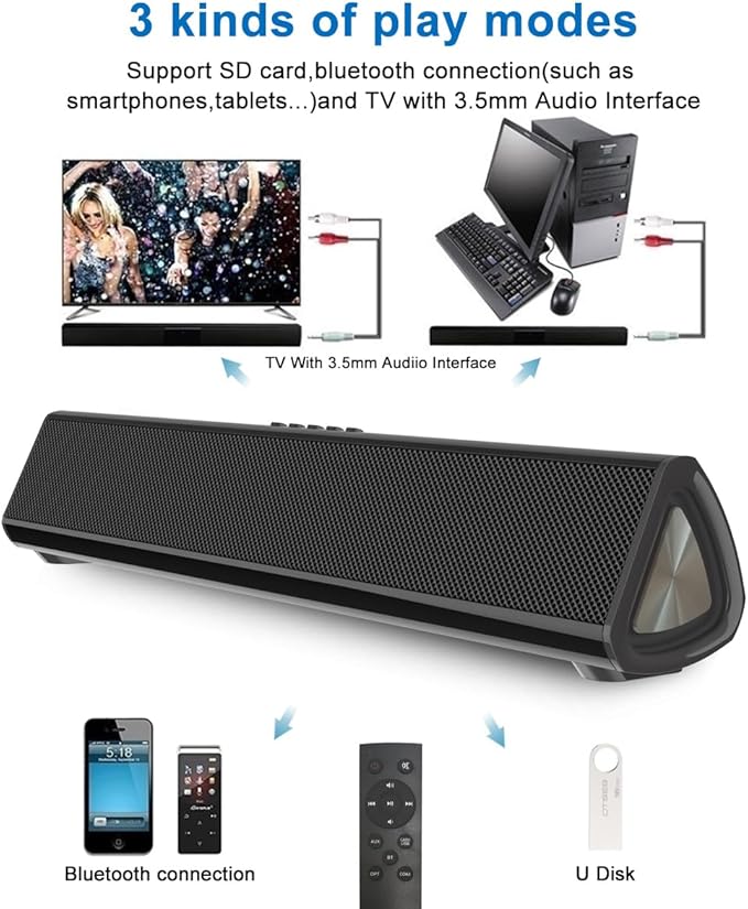 Guppy Sound Bar 15.7 Inch Soundbar for Smart TV Speaker with USB/AUX Connectivity, PC Desktop Speaker, Stereo Wireless Computer Bar Speaker, Subwoofer, for TV/Desktop/Laptop (Black)