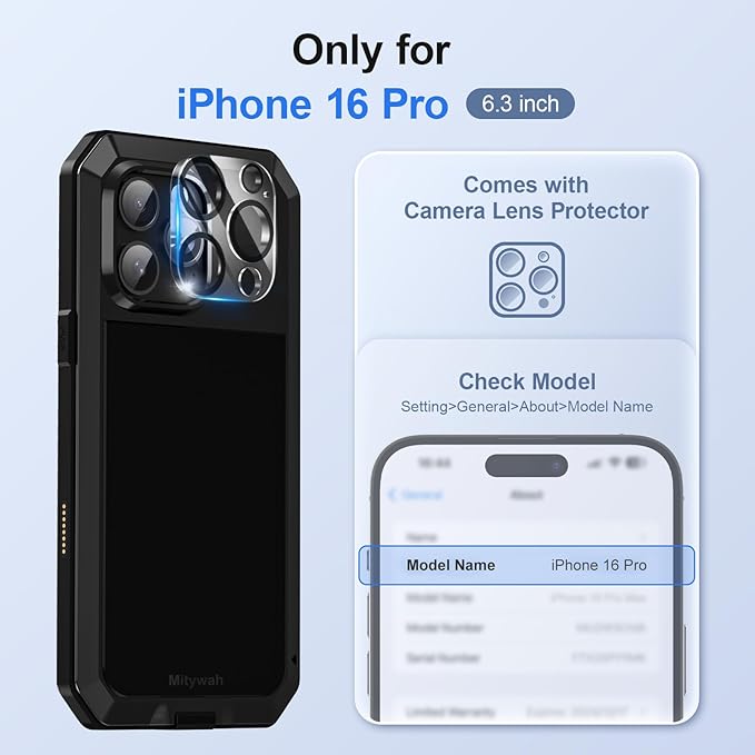 Mitywah Metal Case for iPhone 16 Pro, Heavy Duty Rugged Phone Case Built-in 9H Temperd Screen Protector, Military Grade Full Body Protective Dual Layer Bumper Protective Case for 16 Pro 6.3" Black