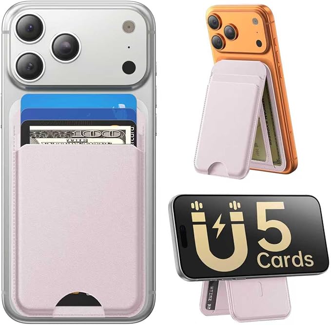 for MagSafe Wallet with Stand, 5 Card Holder, Slim Leather Magnetic Wallet for iPhone 17/16/15/14/13/12 Pro Max Plus Air Series, 3 Card Slots & 1 Cash Slot,Pink