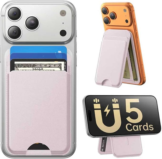 for MagSafe Wallet with Stand, 5 Card Holder, Slim Leather Magnetic Wallet for iPhone 17/16/15/14/13/12 Pro Max Plus Air Series, 3 Card Slots & 1 Cash Slot,Pink