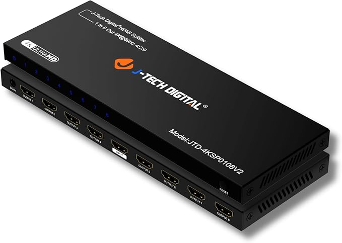 HDMI Splitter 1 In 8 Out 4K 60Hz Premium Quality 4K Ultra HD, HDMI Splitter for Multiple Monitors Duplicate/Mirror by J-Tech Digital [JTD4KSP0108]