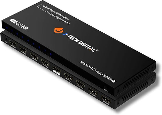 HDMI Splitter 1 In 8 Out 4K 60Hz Premium Quality 4K Ultra HD, HDMI Splitter for Multiple Monitors Duplicate/Mirror by J-Tech Digital [JTD4KSP0108]