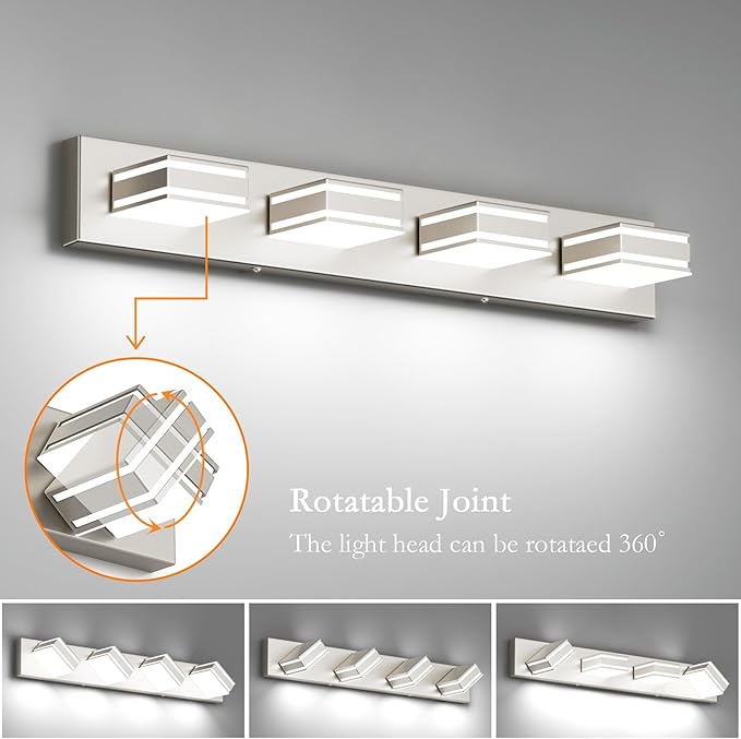 Ralbay 30inch Brushed Nickel Vanity Light for Bathroom 4-Light Metal Acrylic Modern LED Bathroom Light Fixtures