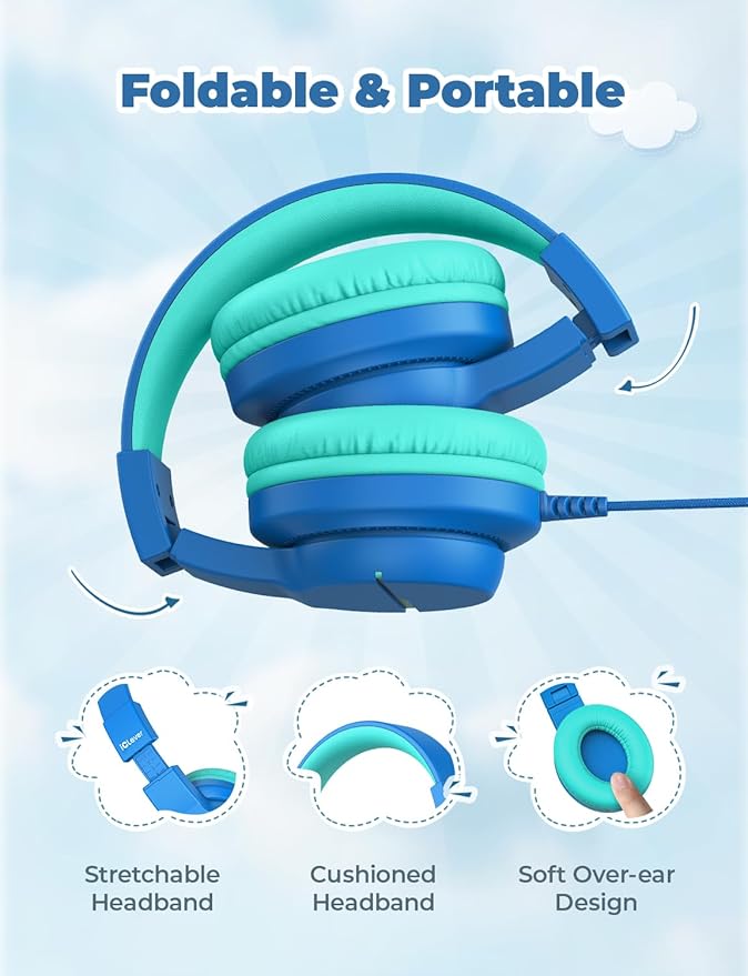 iClever HS19 Kids Headphones with Microphone for School, Volume Limiter 74/85dBA, Over-Ear Girls Boys Headphones for Kids with Shareport, Foldable for iPad/Travel (Navy Blue)