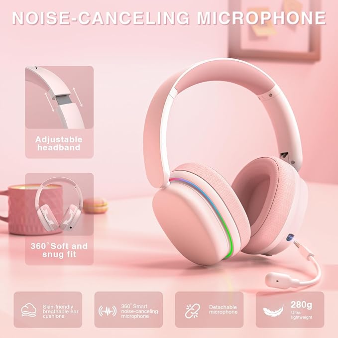 AULA G7 Pro Wireless Gaming Headset with 7.1 Surround Sound, 40mm Driver, BT5.3 Gaming Headphones with Mic, RGB, 10ms Latency, 65H Battery, Pink Gaming Headset for PS5,PS4, Switch,Xbox,PC,Phone, Mac