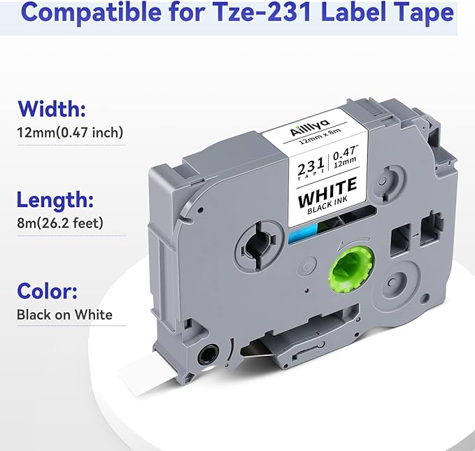 3 Pack TZ Label Tape 12mm 0.47" White Replacement for TZE231 P Touch Label Tape TZe-231 TZ-231, Compatible with Brother Ptouch PT-D210 PT-H110 PT-D220 PT-D400 Label Maker, Black on White