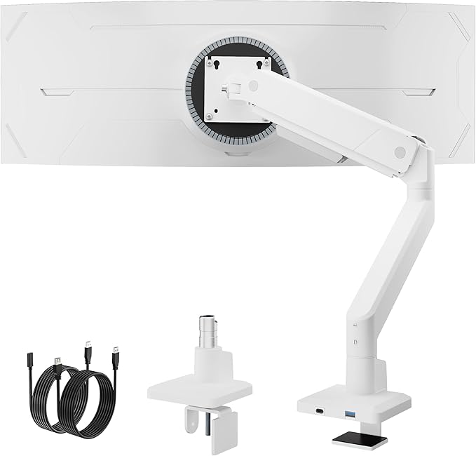 monTEK Single Monitor Arm with USB for Max 45 Inch Ultrawide Screens Adjustable Monitor Desk Mount Holds 35 Lbs Cable Management with C Clamp/Grommet Desk Mount, VESA 75/100mm, MA1007UCWH