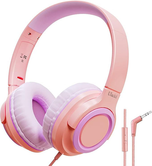 U20 Pink Kids Headphones, Wired Children Headphones with 94dB Safe Volume Control, Foldable Design, Comfortable for Online Learning/School/Travel/Tablet